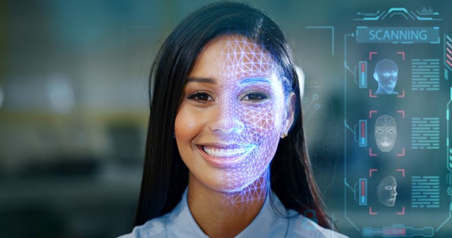 A person smiling with a grid on her face

Description automatically generated